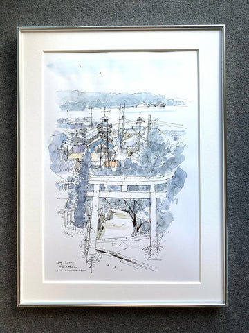 水彩画　牛と人物　風景 S 水彩画 牛と人物 風景 S